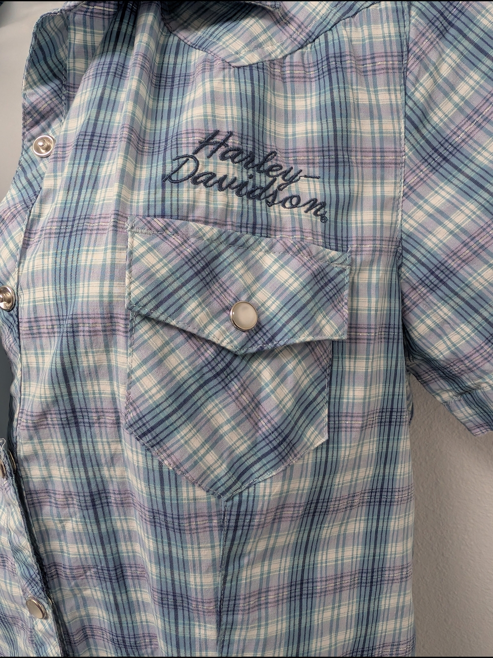 Harley-Davidson Women's Blue Plaid Pearl Button Shirt